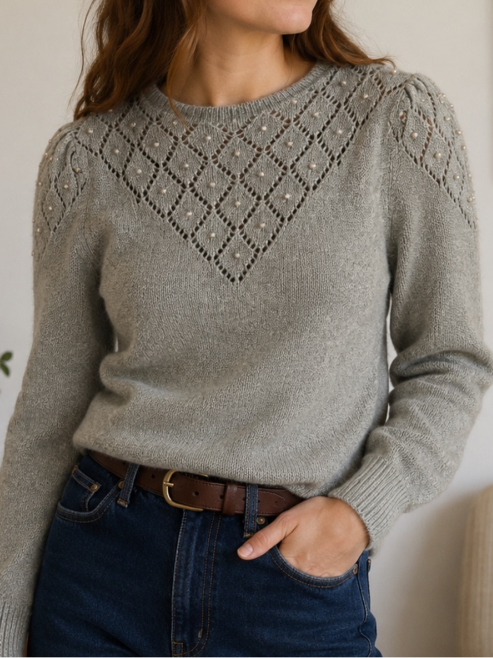 VINTAGE Sweater Angora Silk Pointelle Knit Pearl Puff Sleeve Grannycore Small